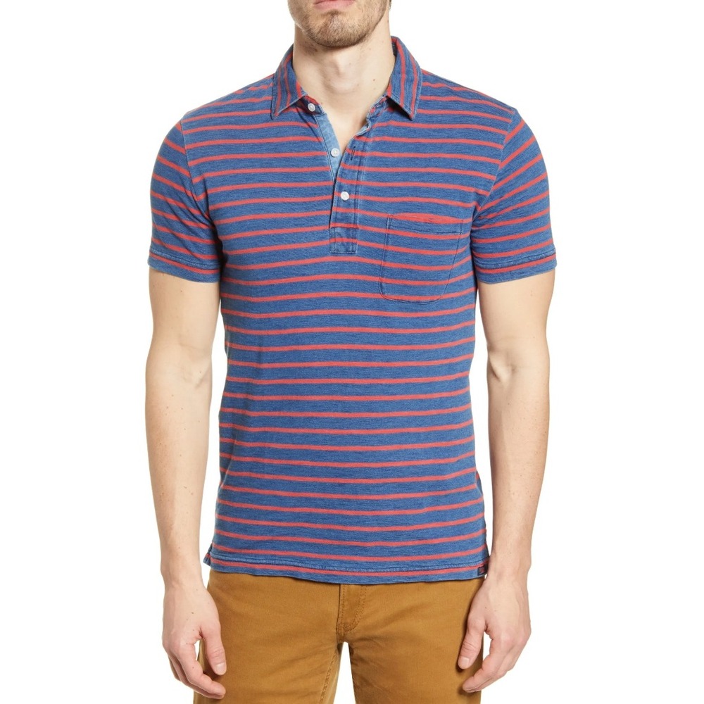 Faherty Breton Stripe Pocket Polo Mens Large Blue Red Casual Coastal Surf Beach